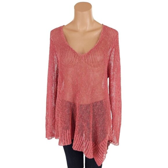Eileen Fisher Airy Linen Grain Rib V Neck Sweater Size L Coral Tunic Top - Picture 1 of 13